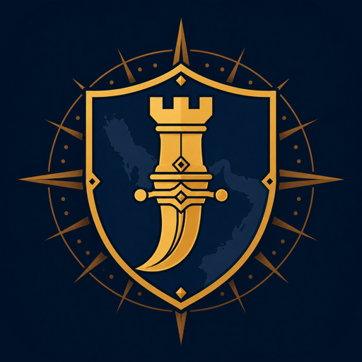 The Gulf Gambit emblem: a gold dagger and rook on a shield, over a compass rose.