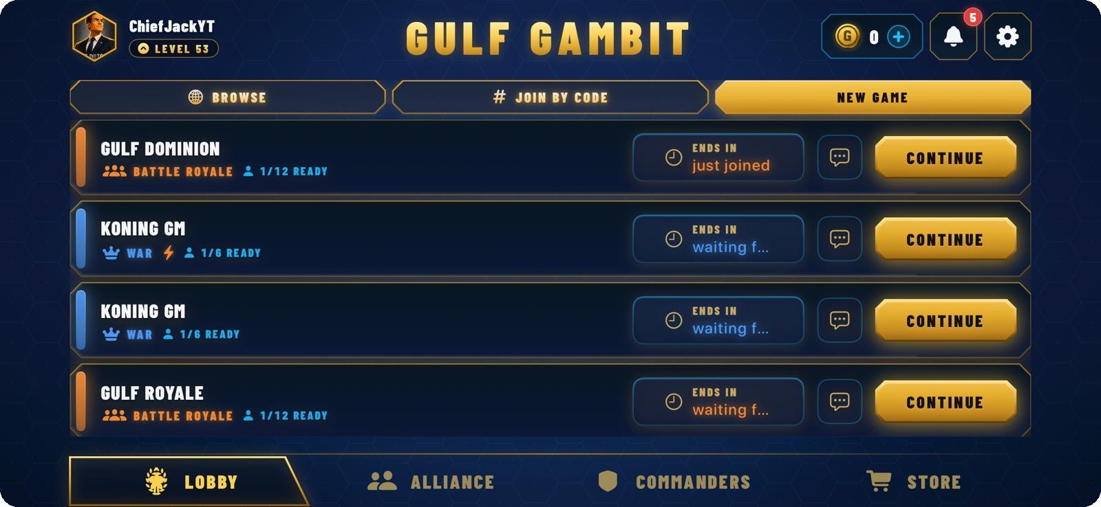 The lobby listing joinable games.