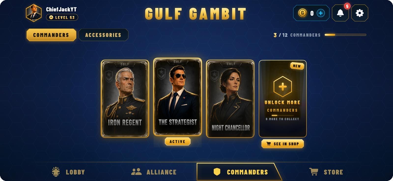 The commanders screen: character cards including Iron Regent, The Strategist and Night Chancellor.
